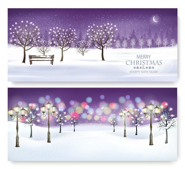 Вектор Счастливого рождества и нового года праздничные баннеры с вечерним пейзажем и деревьями с гирляндью вектор
