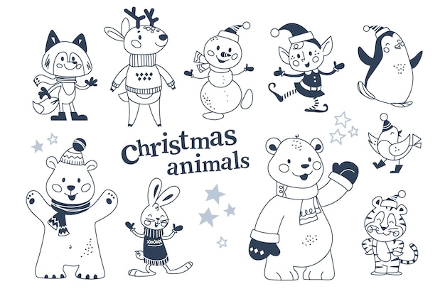 Merry christmas animals characters in winter clothes and snowman, elf collection isolated. polar bear, penguin, rabbit, reindeer. vector flat illustration. for card, banner, print, pattern, invitation