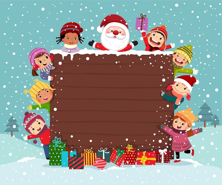 Vector merry christmas backgroud wooden board with group of kids and santa claus