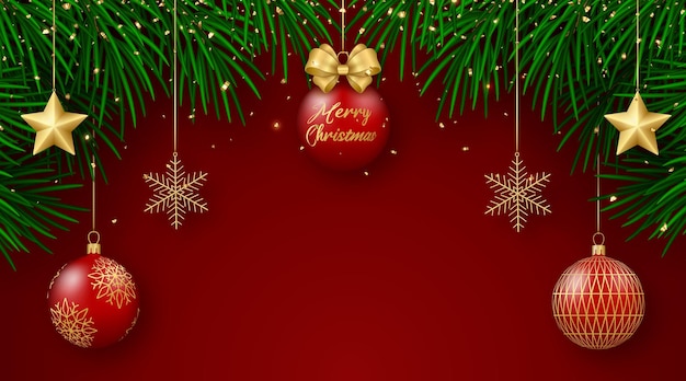 Vector merry christmas background christmas tree branches red balls gold decor and confetti