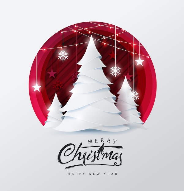 Merry christmas background decorated with christmas tree and star paper cut style.