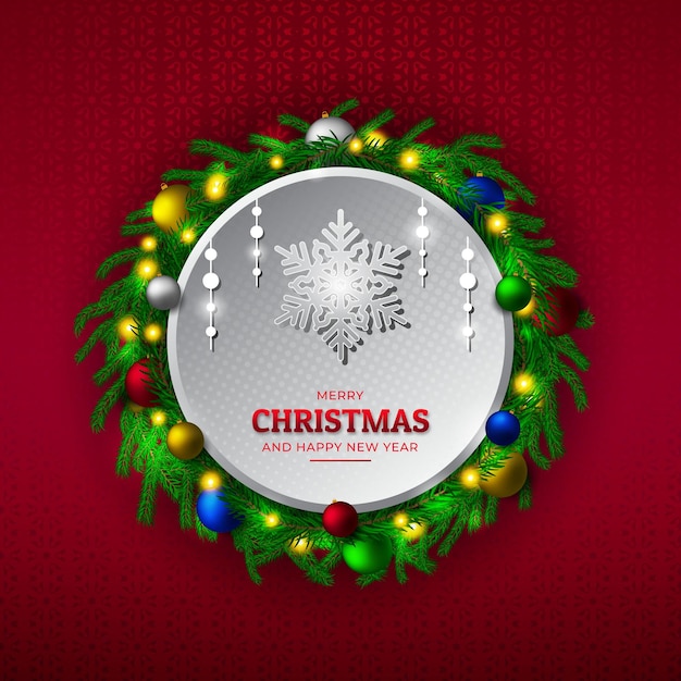 Merry christmas background design with garland of tree branches snowflake and colorful balls