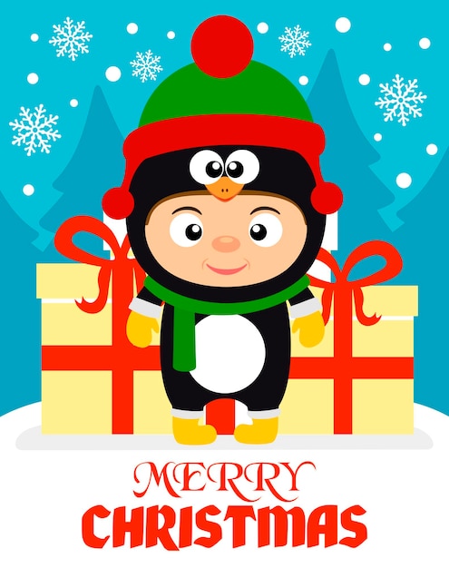 Merry Christmas background with child in costume penguin