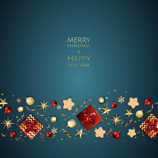 Merry Christmas  background with gift box, Snowflakes and balls.