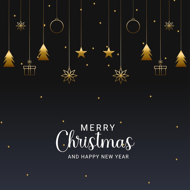 merry christmas background with golden stars and gift box and golden balls with tree