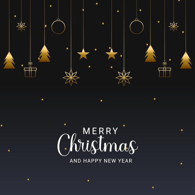 Vector merry christmas background with golden stars and gift box and golden balls with tree