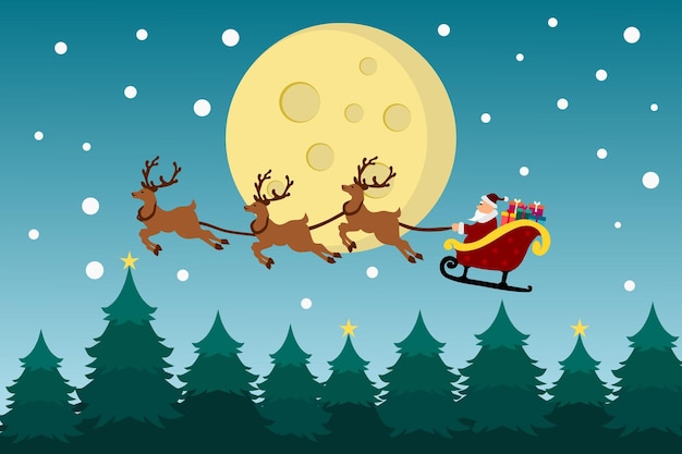 Vettore buon natale sullo sfondo con babbo natale che vola sul cielo in slitta con le renne di notte con neve di luna piena e alberi di natale illustrazione vettoriale