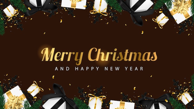 merry christmas background with shiny golden text and giftbox