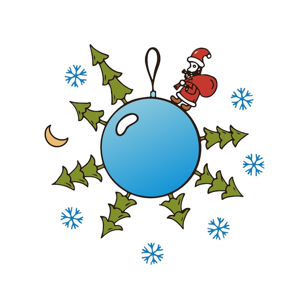 С рождеством христовым шар украшения каракулей санта-клауса с сумкой наброски дерево луна