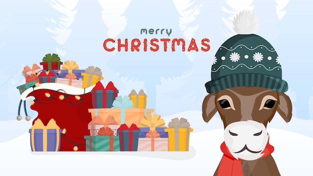 Merry christmas banner. A bull in a warm winter hat against the background of a winter forest. A mountain of gifts. Vector illustration.