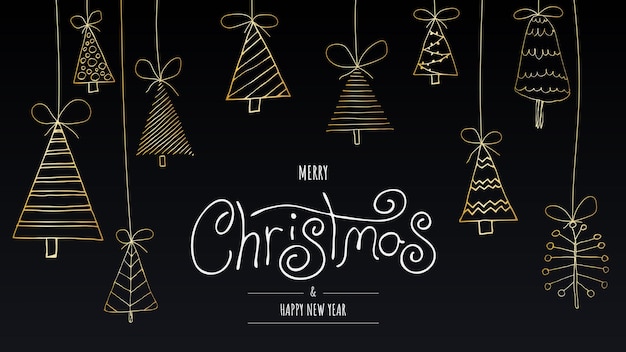 Merry Christmas banner or card. Happy new year Template with gold christmas trees