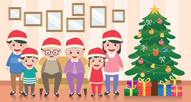 Merry christmas banner illustratie met gelukkige familiereünie en kerstboom in de woonkamer