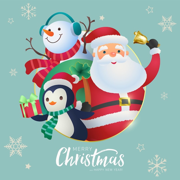 Merry christmas-banner met de kerstman en zijn metgezellen en kerstkalligrafie