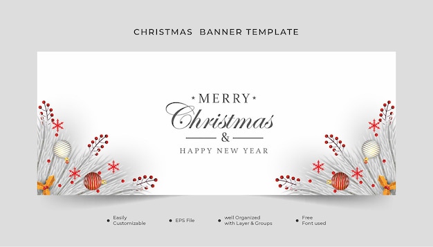 Merry christmas banner met kerst blad sneeuwvlokken en witte bal