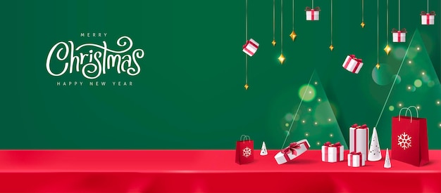 Vector merry christmas banner red tablecloth product display with copy space