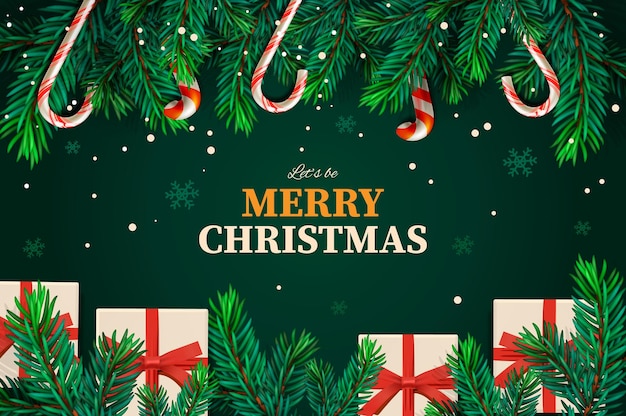 Merry Christmas banner Spruce branch with hanging lollipops and gift boxes Vector image