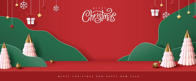 Vector merry christmas banner studio table room product display with copy space