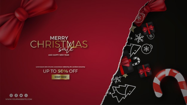 Merry christmas banner template with festive decoration for christmas premium vector