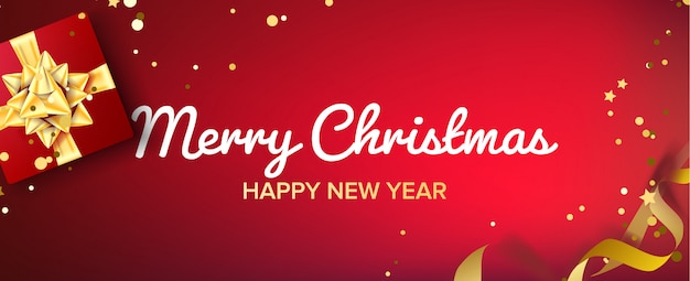 Merry Christmas Banner Vector. Gifts Box With Gold Bow. Red Horizontal Background