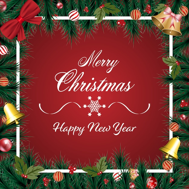 merry christmas banner with christmas ornament, green pine branches on red background