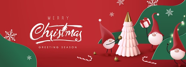 Vector merry christmas banner with cute gnome and festive decoration for christmas