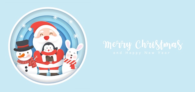 Merry christmas and banner with cute santa and freinds.