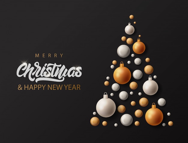 Merry christmas banner with lettering and realistic big tree