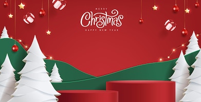 Merry christmas banner with product display cylindrical shape and festive decoration for christmas