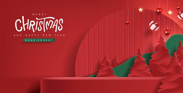 Banner di buon natale con display del prodotto e decorazioni festive per sfondo rosso di natale