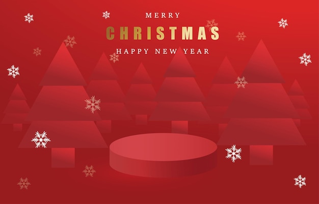 Merry Christmas banner with product podium in red background with paper cut Christmas tree and snow