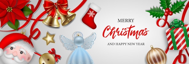 Merry christmas banner with red ribbons and decorations