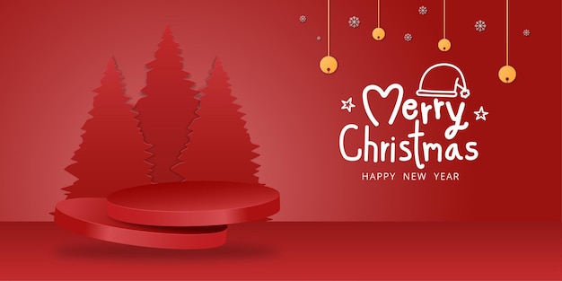 Merry christmas banner with red tree and podium