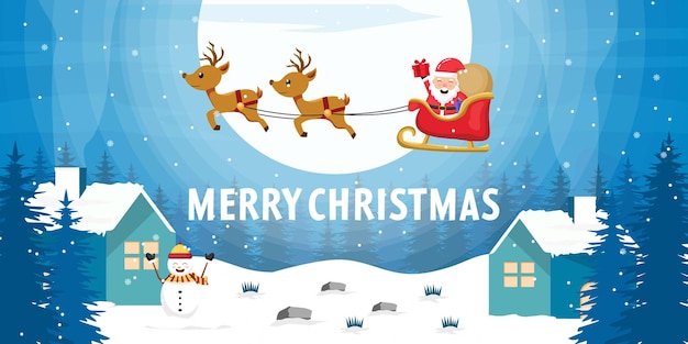 Счастливого Рождества баннер с Санта-Клаусом, едущим на карете, летящей на оленях над зимним пейзажем