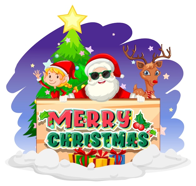 Vector merry christmas banner with santa claus with elf and reindeer