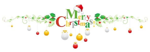 Merry Christmas banner with Santa hat Xmas tree decoration and holly berry
