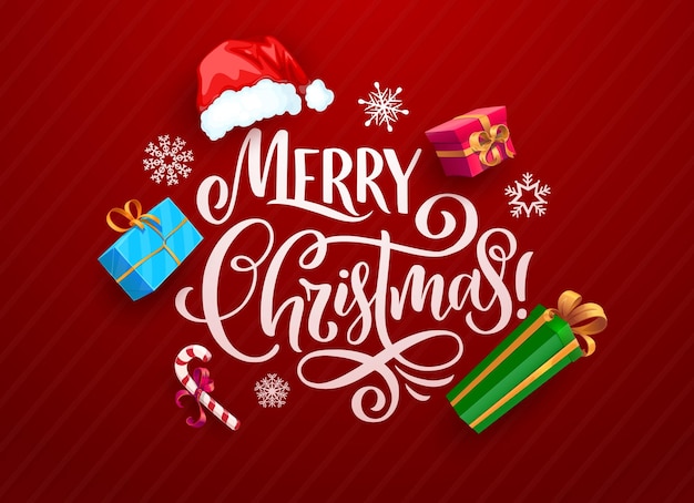 Merry Christmas banner Xmas celebration Christmas holiday or winter season festive vector banner New Year celebration background or backdrop with Santa Claus hat presents boxes and snowflakes