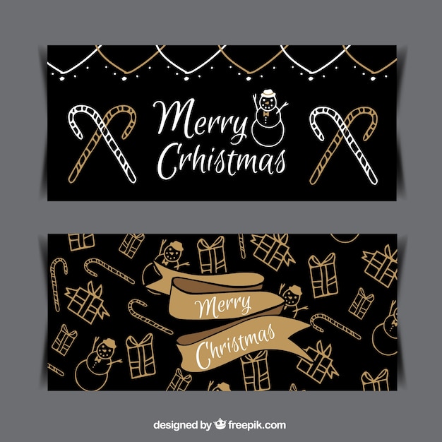 Vector merry christmas banners with sketches in vintage style