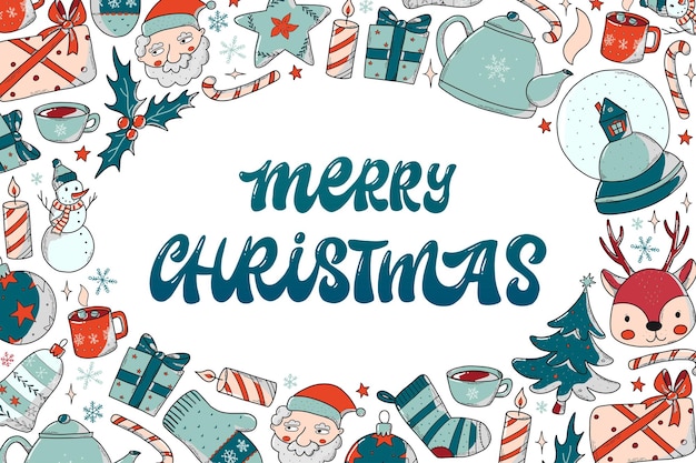 Merry christmas belettering citaat versierd met frame van doodles voor wenskaarten, posters, prints