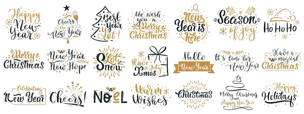 Merry Christmas belettering citaten. Gelukkig Nieuwjaar winter vakantie groeten, xmas feestelijke belettering zinnen vector illustratie set. Kerst handgetekende citaten