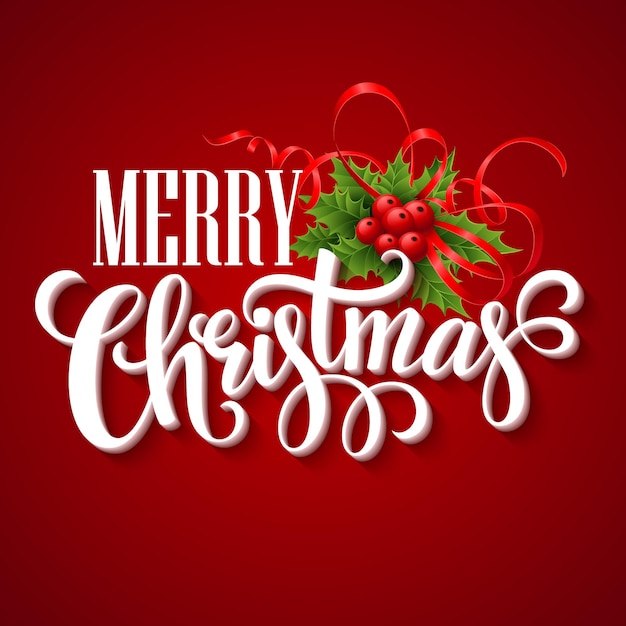 Merry Christmas belettering kaart met hulst. Vectorillustratie EPS 10