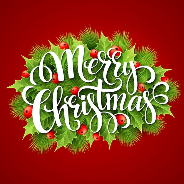 Merry Christmas belettering kaart met hulst, wenskaart