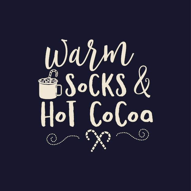 Merry Christmas belettering ontwerp op donkere achtergrond vakantie offerte warme sok en warme chocolademelk voorraad vector kerst typografie en kalligrafie kunst voor tshirt afdrukken