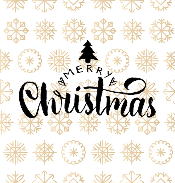 Merry Christmas belettering van ontwerp op sneeuwvlokken achtergrond. Nieuwjaar naadloze patroon voor wenskaartsjabloon. Fijne feestdagen poster concept.