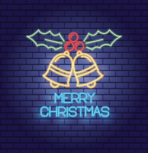 Merry christmas bells and leafs with neon lights greeting card