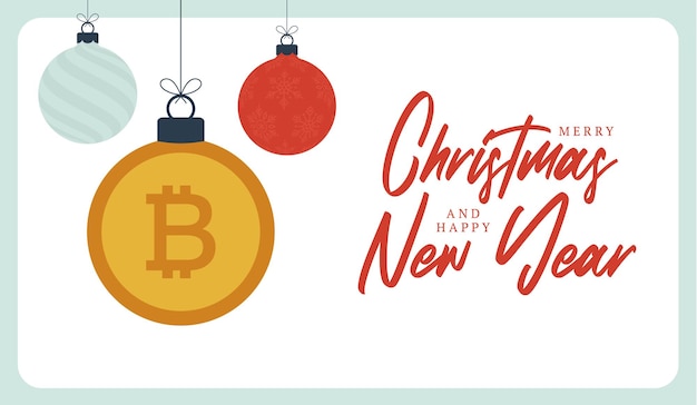 メリークリスマスビットコインシンボルバナー。クリスマス安物の宝石のボールがグリーティングカードをぶら下げとしてビットコインのサイン。クリスマス、金融、元日、銀行、お金のベクトル画像