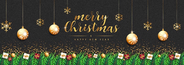 Merry Christmas Black Background banner with realistic Christmas elements Premium Vector