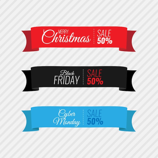 Vector merry christmas black friday and cyber monday ribbon