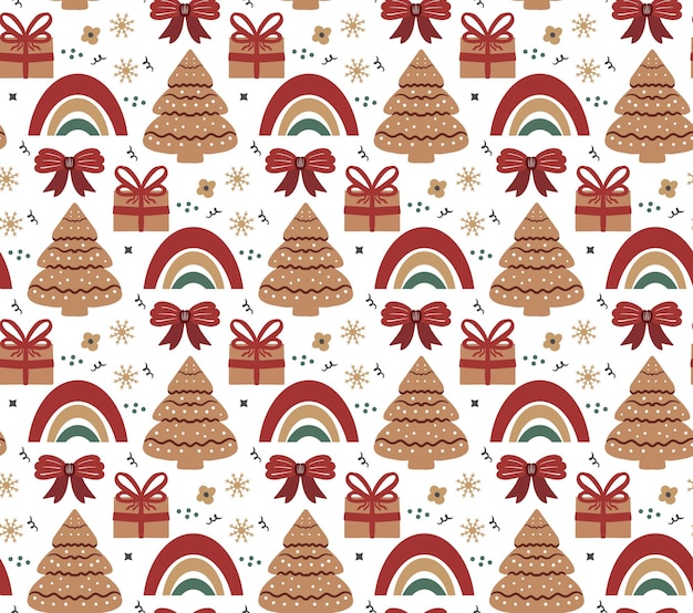 Merry Christmas Boho seamless pattern. Bohemian winter holiday repeating texture hand drawing style. Gingerbread, Snowflakes, Christmas tree. Vector illustration.
