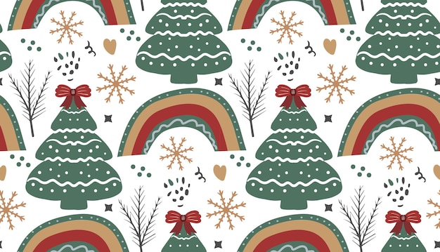 Merry christmas boho seamless pattern. bohemian winter holiday repeating texture hand drawing style. gingerbread, snowflakes, christmas tree. vector illustration.