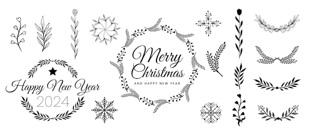 Vector merry christmas botanical floral frame design elements hand drawn vector